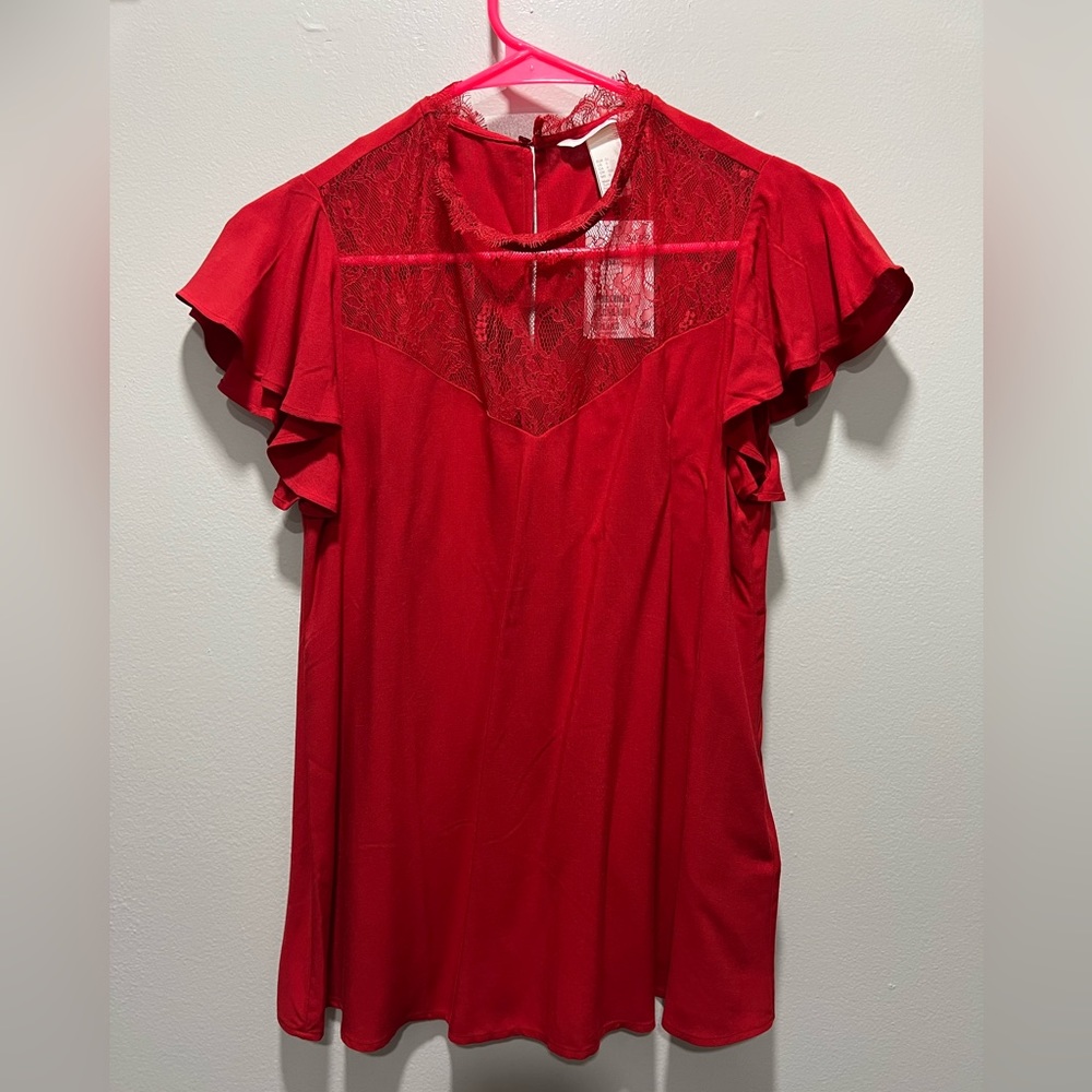 H&M Red Blouse with Lace detail and button on back NWT